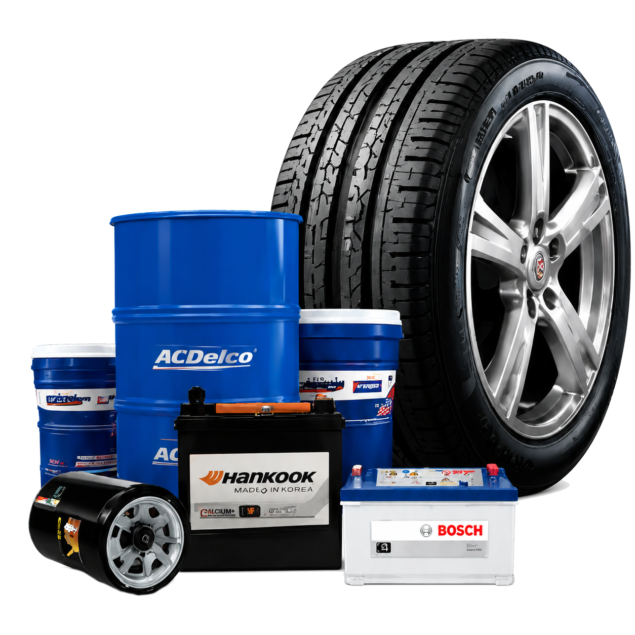 Variedad de llantas, baterías de carro, lubricantes y filtros de Autopartes Quintero